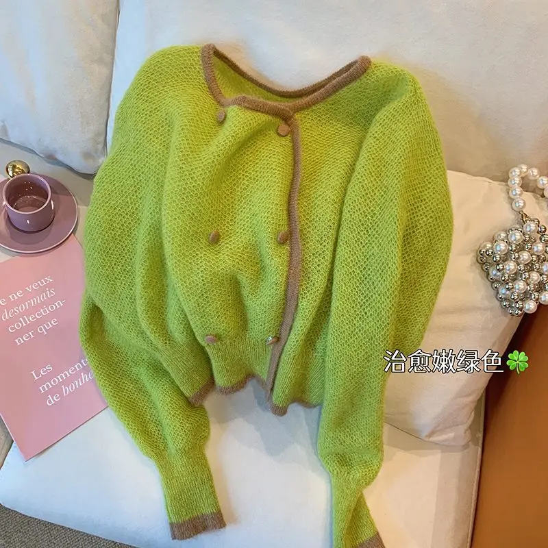 Enlarge Korean green knitted  women's 2022  autumn new design double breasted round neck sweater casual trend  jumper  Button  O-Neck
