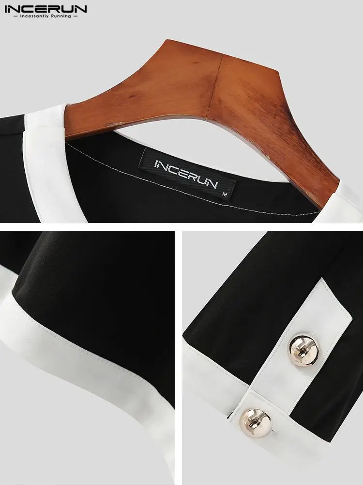 Fashion Casual Style Tops INCERUN Men's Contrast Metal Button Sets Collarless Long Sleeve Shirt Shorts Suit 2 Pieces S-5XL 2023