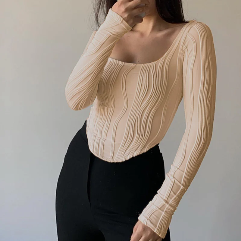 

Women T-shirts High Strecth Long Sleeve U Neck Short Tops 2022 New Autumn Slim Fit Clothes Fashion Water Ripple TShirt 24331