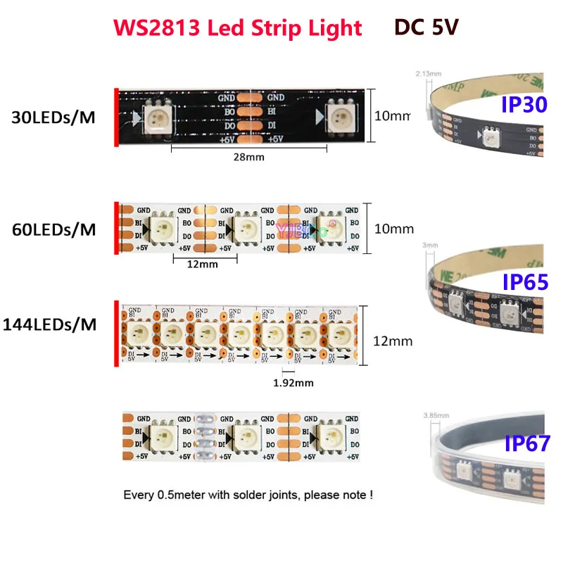 Светодиодная ленсветильник WS2813 1 м 2 5 30/60/144 светодиодов/м WS2812B обновленная