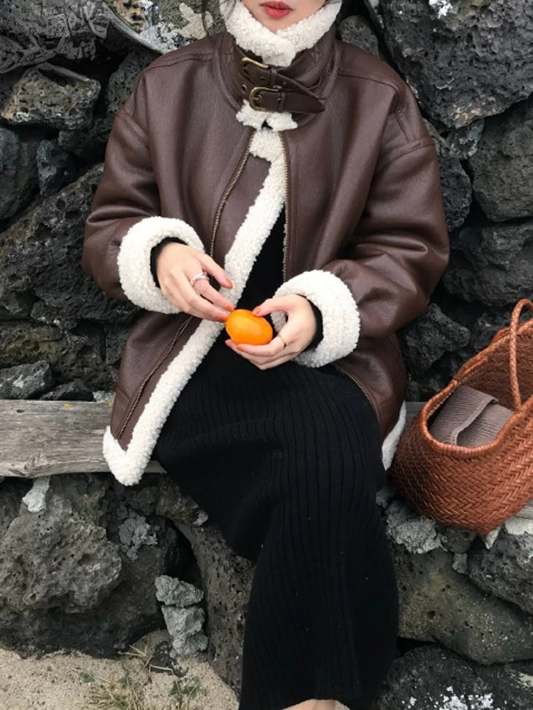 Minigmxi Faux Fur Coat Fall Winter Jacket for Women 2022 Loose Warm Lambswool Thicken Locomotive Lapel Female Coat PU Outerwear