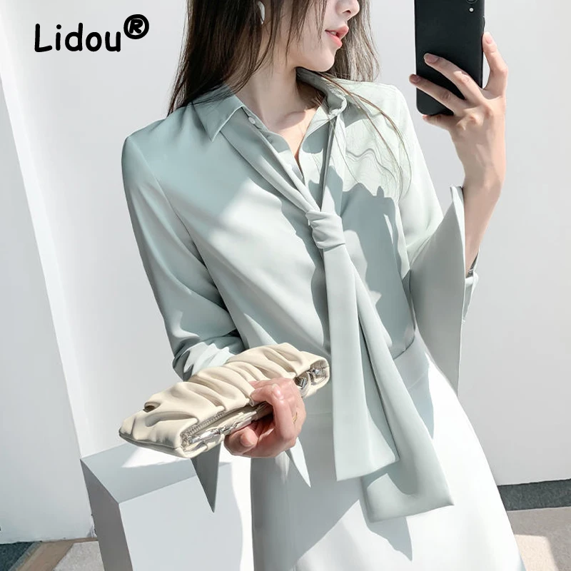 

Милая элегантная шикарная приталенная офисная Дамская рубашка с бантом, модная однотонная блузка в Корейском стиле с отложным воротником и длинным рукавом, топ, женские блузы
