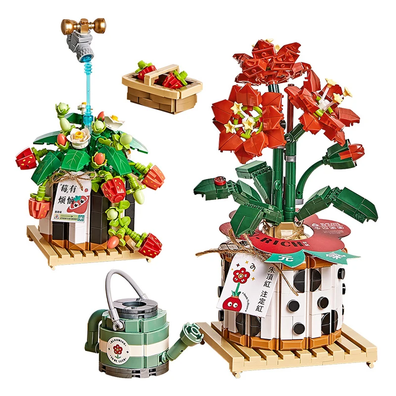

Flower Bouquet Building Block Ornaments Toys Creative Strawberry Blossom Potted Decoration Moc Mini Flower Block Kids Toy Gift