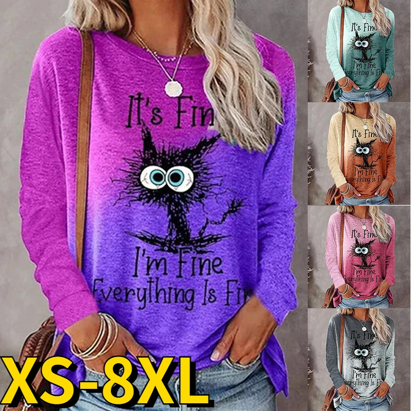 

2022 Autumn and Winter Women's New Retro Cartoon Cat Print Pullover Slim Fit Fashion Casual Personality Long Sleeved Tops