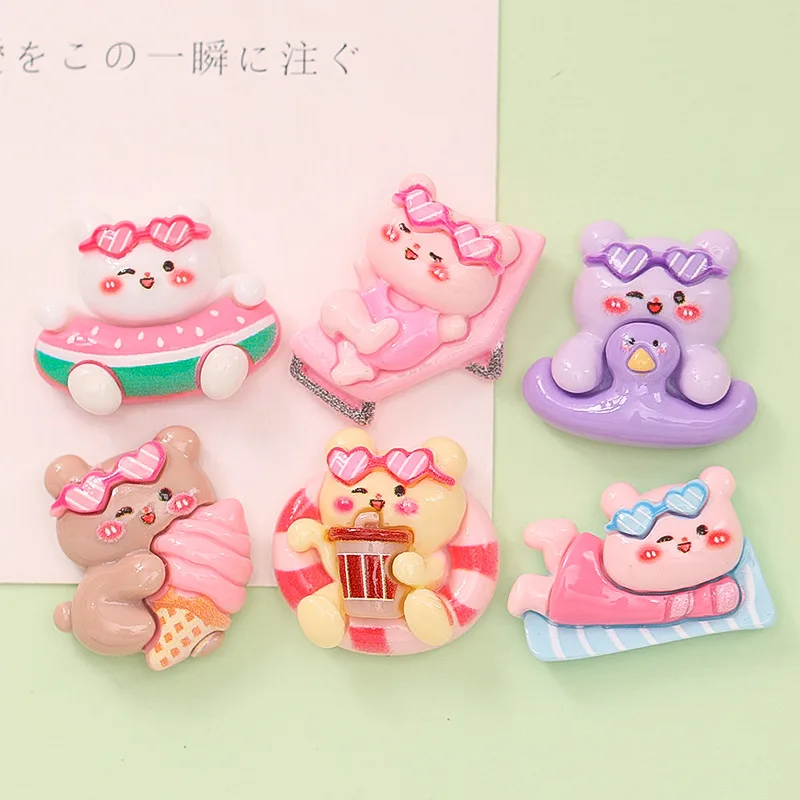 

100pcs Kawaii Cartoon Cake Bear Beach Swimming Flatback Resin Cabochon Scrapbook Decoration DIY Embellishments Crafts