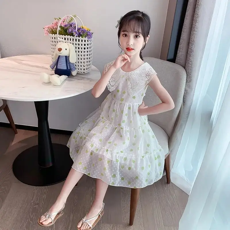 

Шифоновое платье для девочек Летняя крутая детская одежда с кружевным кукольным воротником модное дизайнерское платье принцессы в горошек...