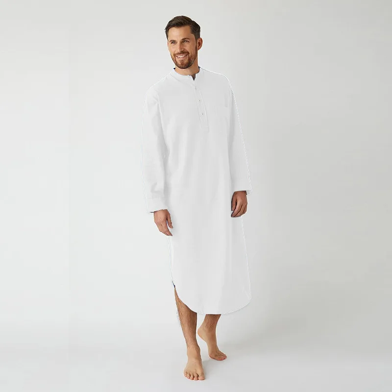 Muslim Men Sleepwear Pajamas Nightgown Long Sleeve Button Solid Long Shirt Sleepwear Mens Button Collar Arab Robe Pijamas Male