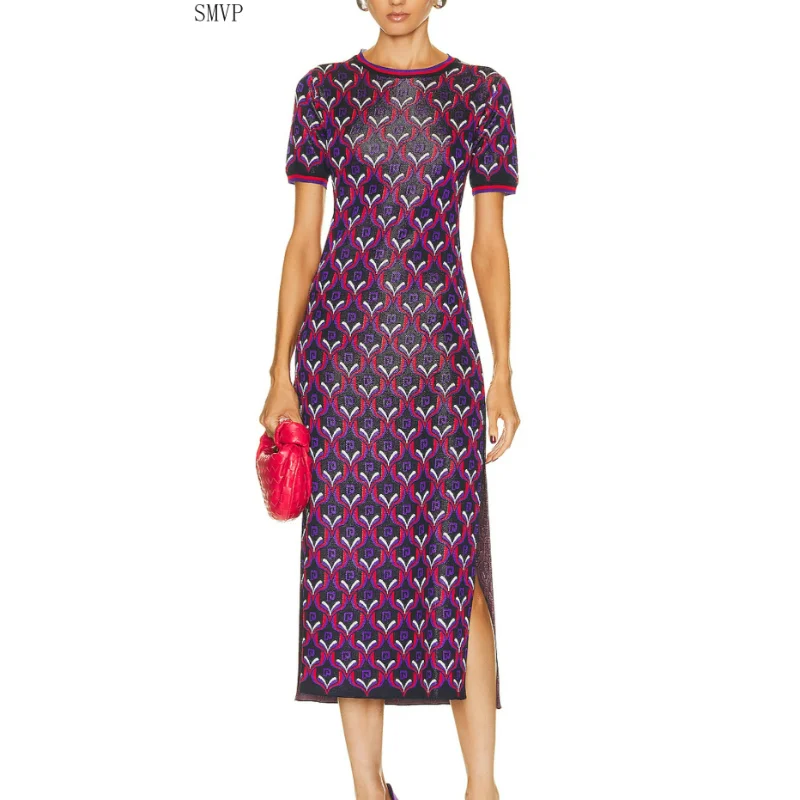 

High Quality Sexy Side Slit Printed Mid Length Dress 2023 Summer New Loose Fitting Fashionable Knitted High-end Evening Dress