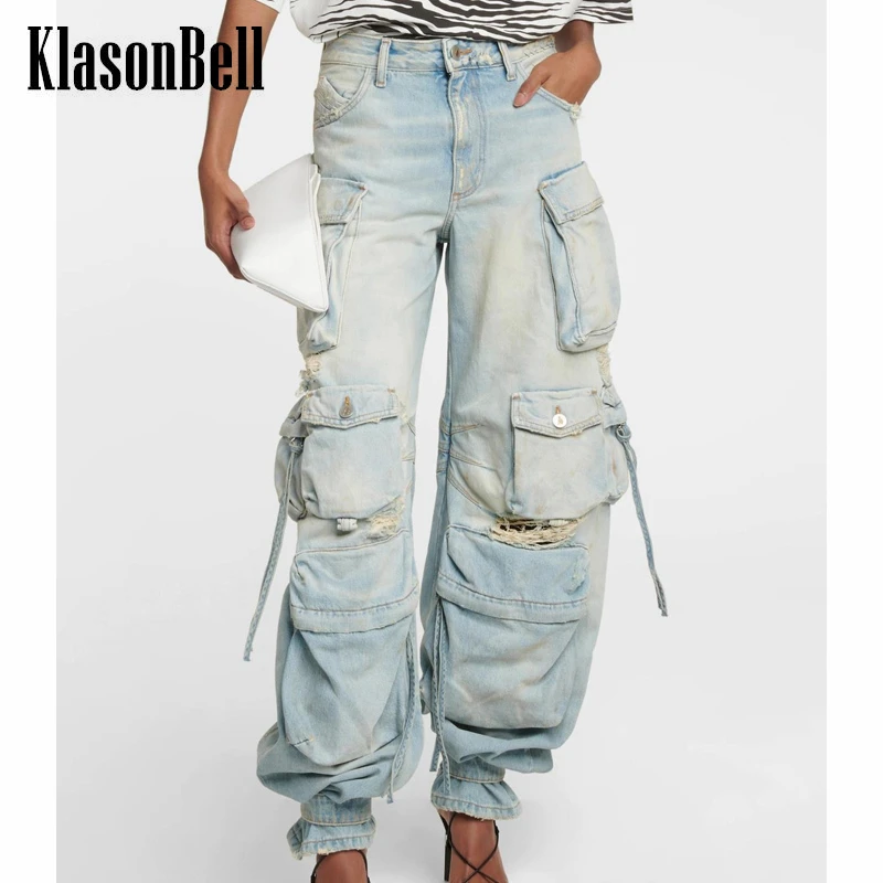 

7.17 KlasonBell Women Fashion Heavy Industry Washed Distressed Multi-Pocket Hole Design Casual Cargo Jeans