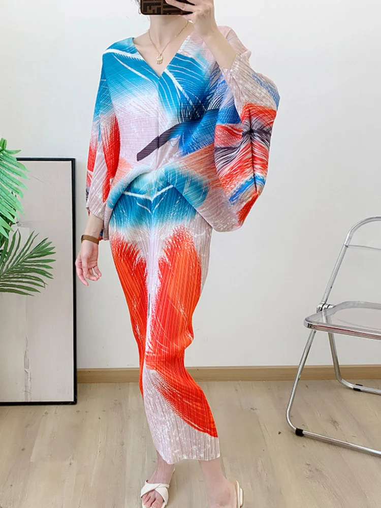 

Dress Women Fashion For Printed Pleated V-neck Batwing Sleeves Dresses Casual Female Clothing 2023 Summer New