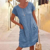 plus size 5xl women dress casual solid color short sleeve o neck pockets loose cotton linen dress female summer robe