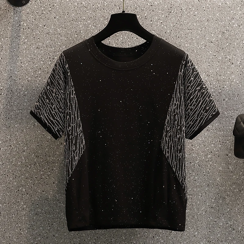 

Женская хлопковая футболка с коротким рукавом, блестящая простая футболка составного кроя с круглым вырезом в Корейском стиле, мягкие топы,...