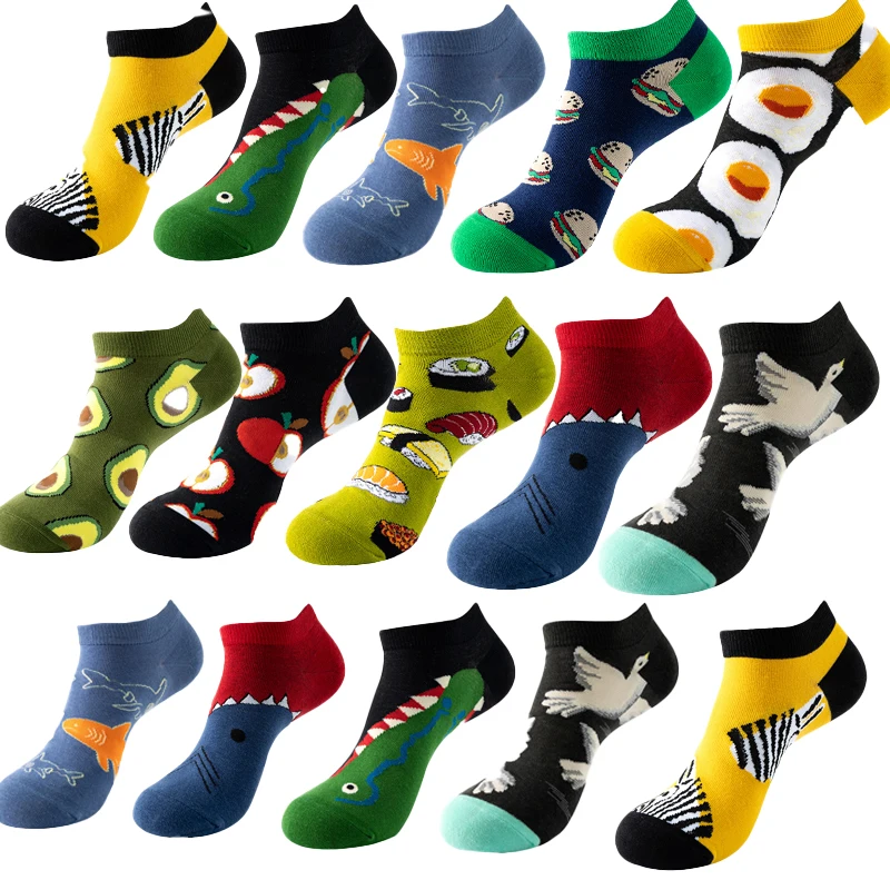 

5 Pairs/Lot Men's Funny Socks High Quality Combed Cotton Fashion Invisible Ankle Socks Fruit Animals Street Lovers Sock