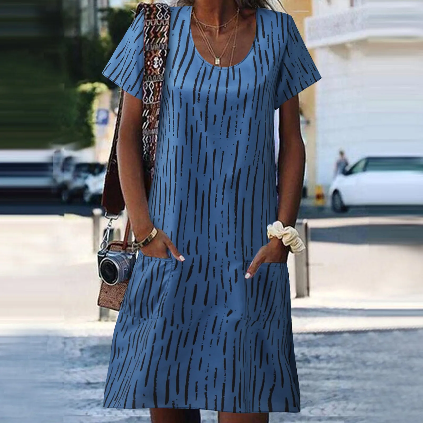 

Striped Shirt Dresses Women O Neck Dress Short Sleeve Long Dress With Pocket Loose Long Dress Maxi Dresses for Women over 40