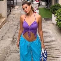 women summer crop tops 2000s aesthetic drawstring front asymmetrical hem waistcoat halter neck ladies purple camisole streetwear