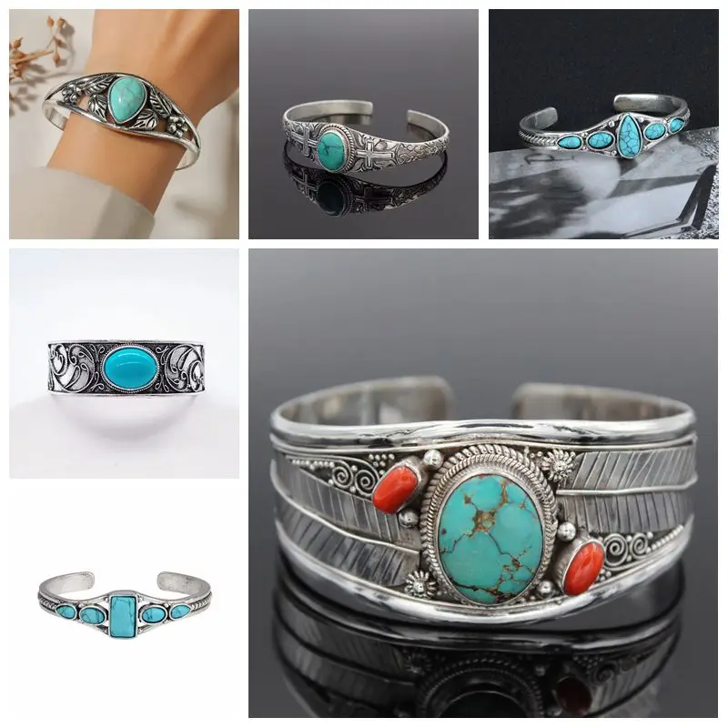 Antique Silver Color Leaf Red Blue Natural Stone Bracelet Bangle for Women Simple Open Bracelet Bohemian Luxury Woman Jewelry