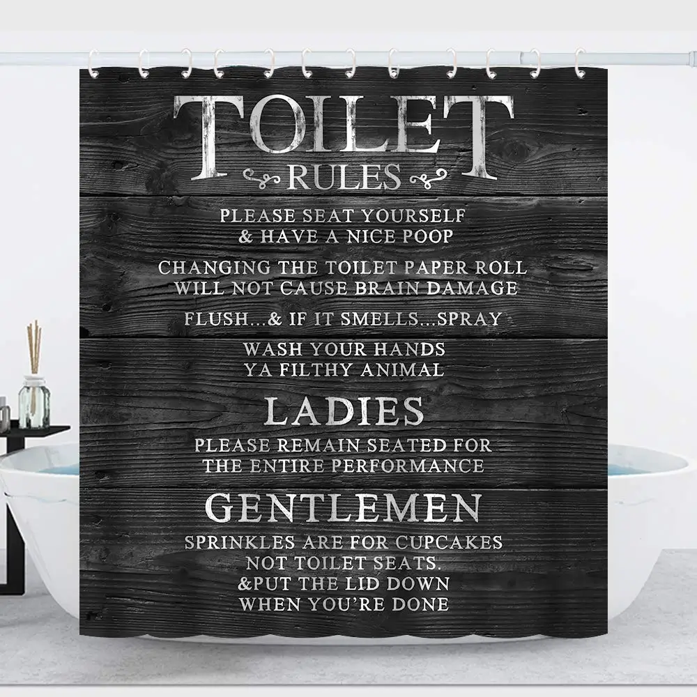 

Toilet Rules Shower Curtain|Please Seat Yourself Quote|Vintage Wood Grain Background Inspirational Motivational Bathroom Curtain