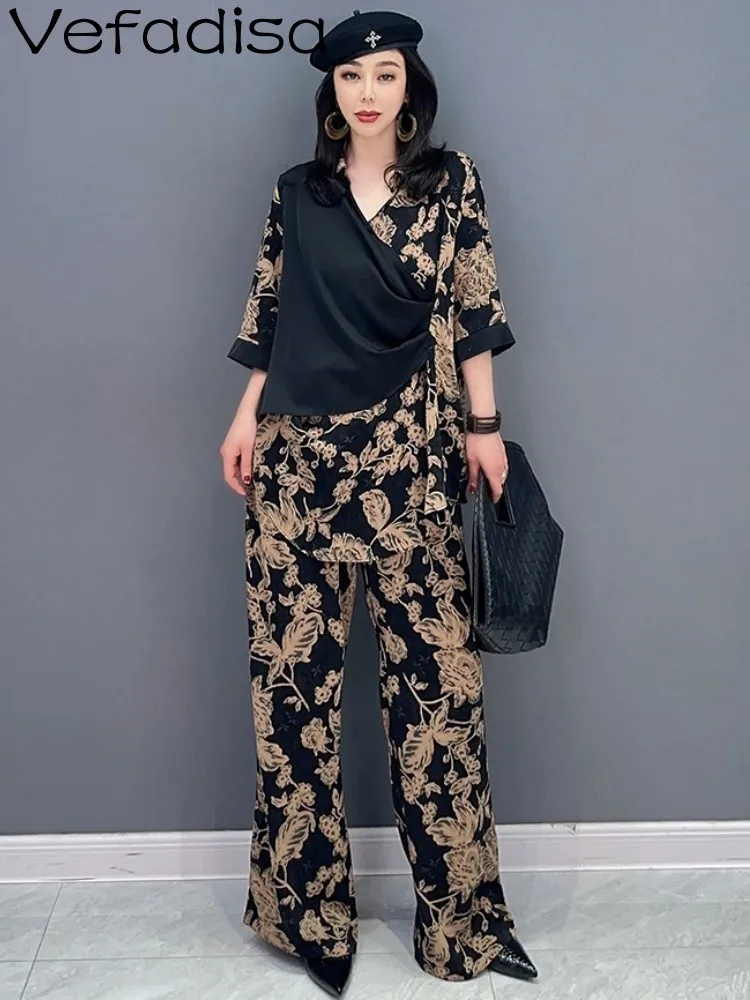 

Vefadisa 2023Spring Summer New Fashion Flower Patchwork Irregular Top Casual Wide Leg Pants Woman Asymmetric Two Piece Set ZY476