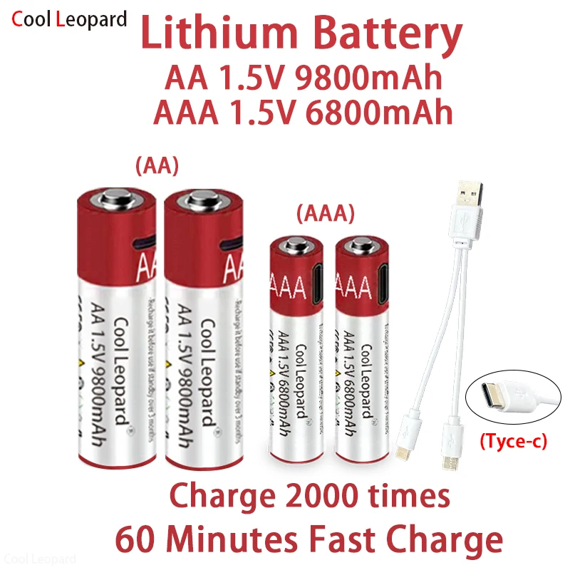 

High Capacity 1.5V AAA+AA USB Rechargeable Lithium Battery,For Remote Control Mouse Electric Toy Battery+Type-C Cable