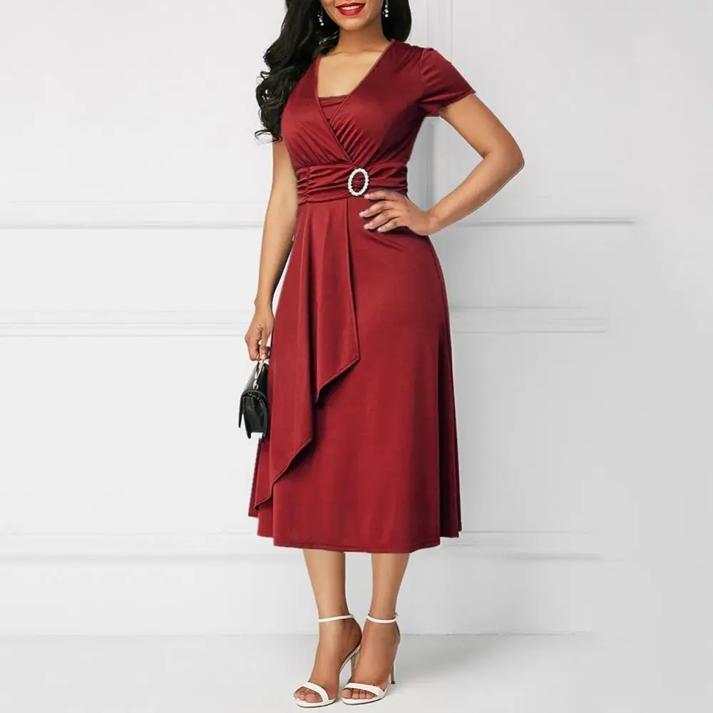 

Women Plus Size Tight Dress Party Dress Short Sleeve V Neck Asymmetric Hem Waist Midi Party Dress