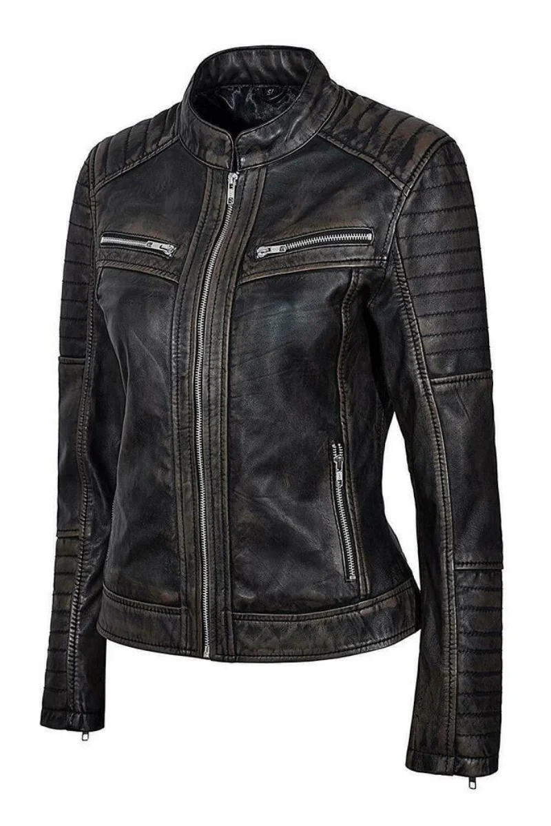 Womens Cafe Racer Moto Biker Distressed Black Vintage Real Sheep Leather Jacket
