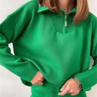womens sweater 2022 new lapel zipper solid color green loose spring pullover casual sweater women