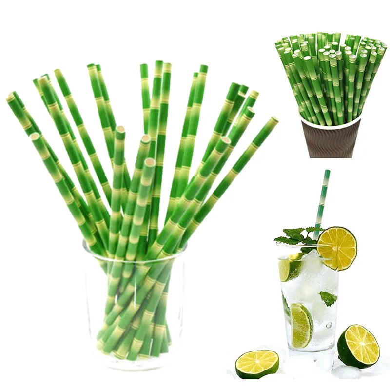 

50pcs Green Brown Bamboo Pattern Paper Straws Juice Cocktail Drinking Straw for Wedding Birthday Bar Pub Jungle Party Supplies
