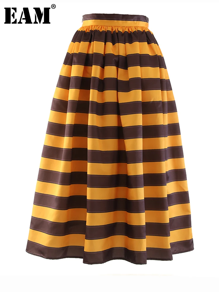 

[EAM] High Waist Yellow Striped Brief Elegant Long A-line Half-body Skirt Women Fashion Tide New Spring Autumn 2022 1DF1250