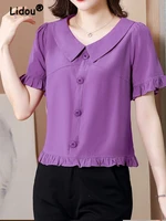 2022 summer elegant fashion new petal sleeve solid color single breasted blouses peter pan collar chic top office lady shirt hot