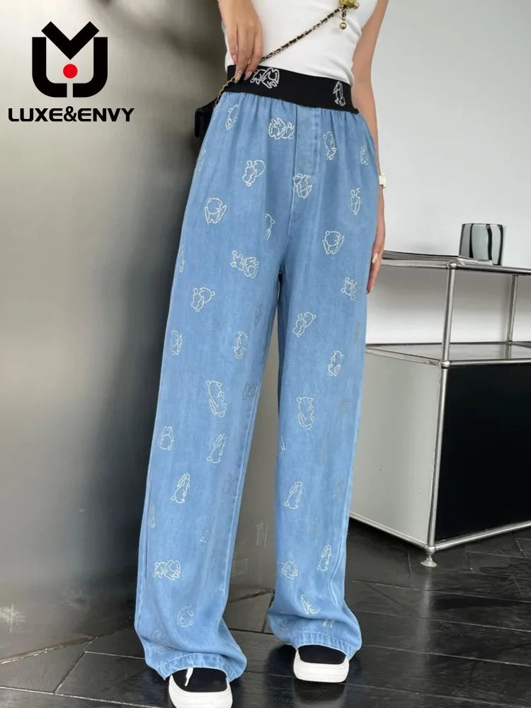 

LUXE&ENVY 2023 Spring/Summer New Product Full Face Hot Diamond Ribbon Pants Wide Leg Denim Fabric Comfortable Slim Wide Leg