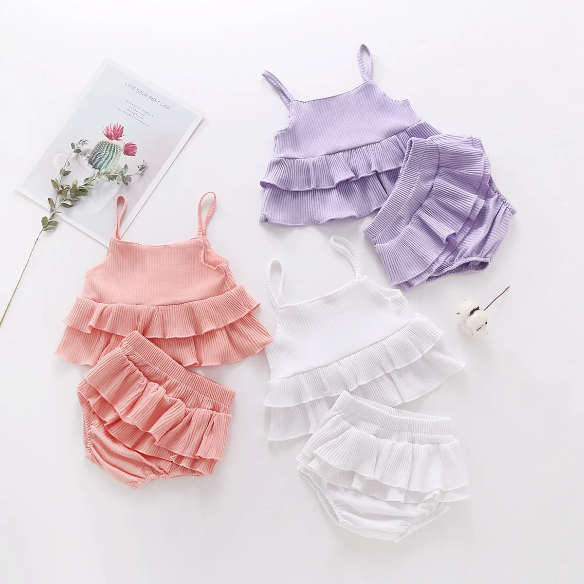 Ins Korean Baby Summer Baby Clothes Sling Sleeveless Top+Solid Color Pit Lace Shorts Suit Toddler Newborn Girl Baby Clothes 2Pcs