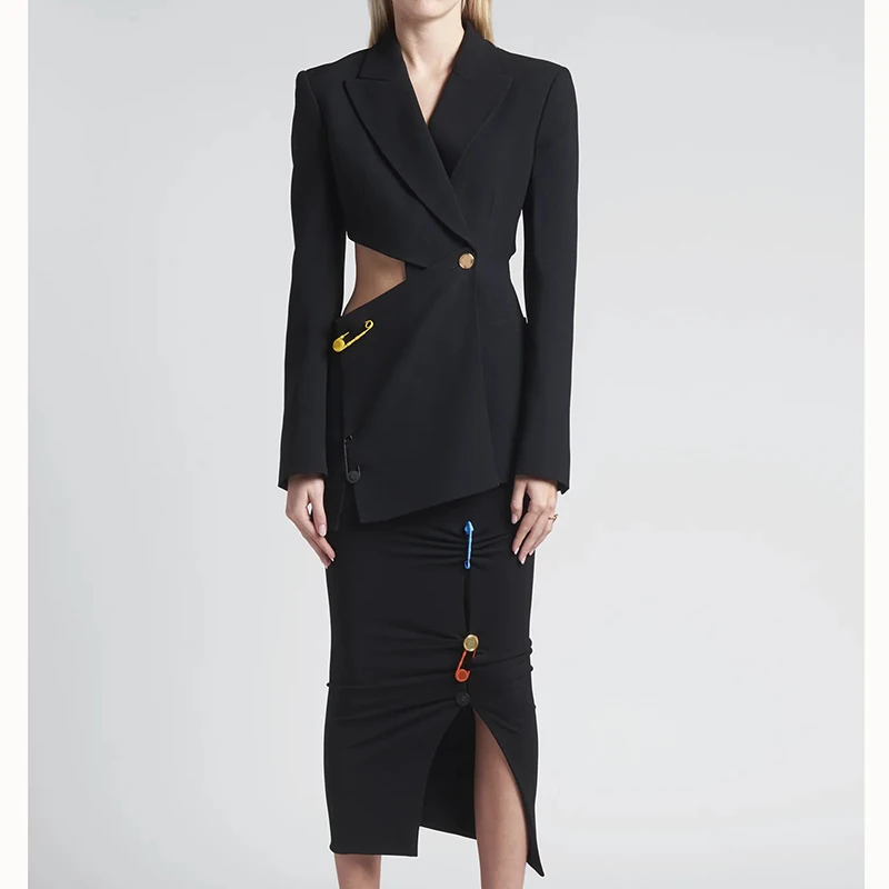 

Fashion Two Piece Set Blazer Women Long Sleeve Backless Expose Waist Color Pin Slim Coat Asymmetrical Folds Split Bag Hip Skirts