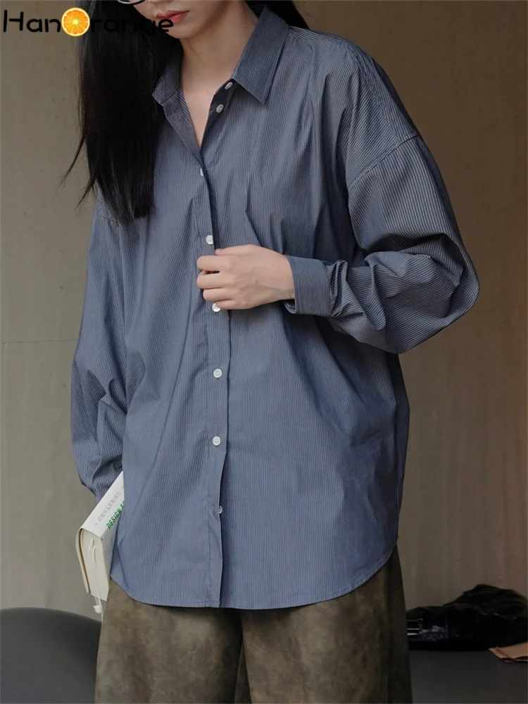 HanOrange 2024 полосатая рубашка унисекс женская свободная силуэтная повседневная