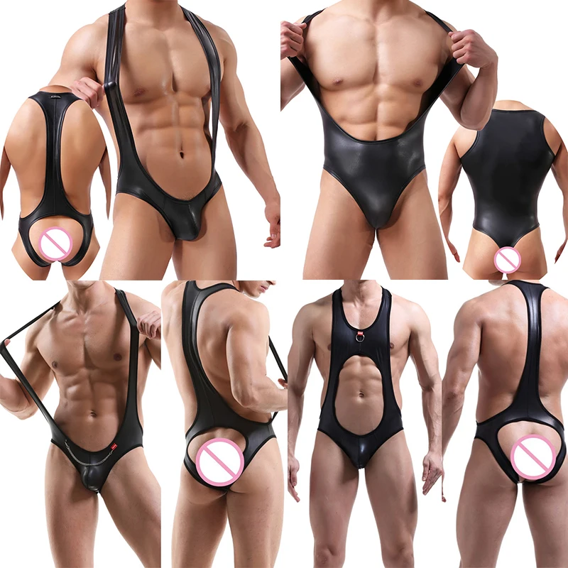 

Jumpsuit Mens Bodysuits Open Butt Penis Pouch Lingerie Jumpsuits Faux Leather Catsuits Leotard Gay Wrestling Singlet Undershirts