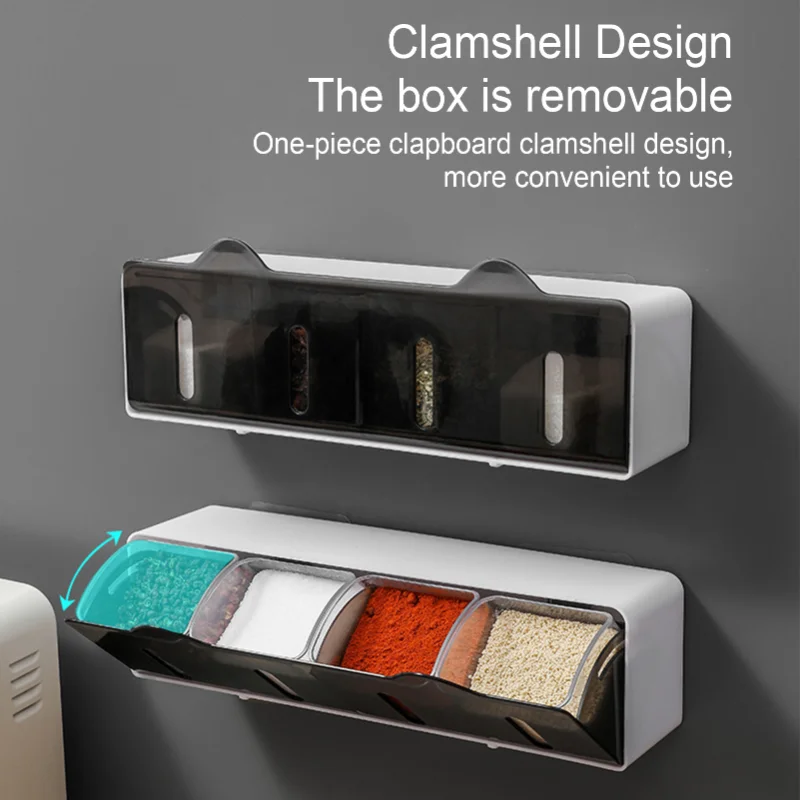 

Kitchen Wall Mounted Spice Organizer Seasoning Box with Spoon Portable Salt Pepper Shaker Spice Dispenser Container Kitchen Tool