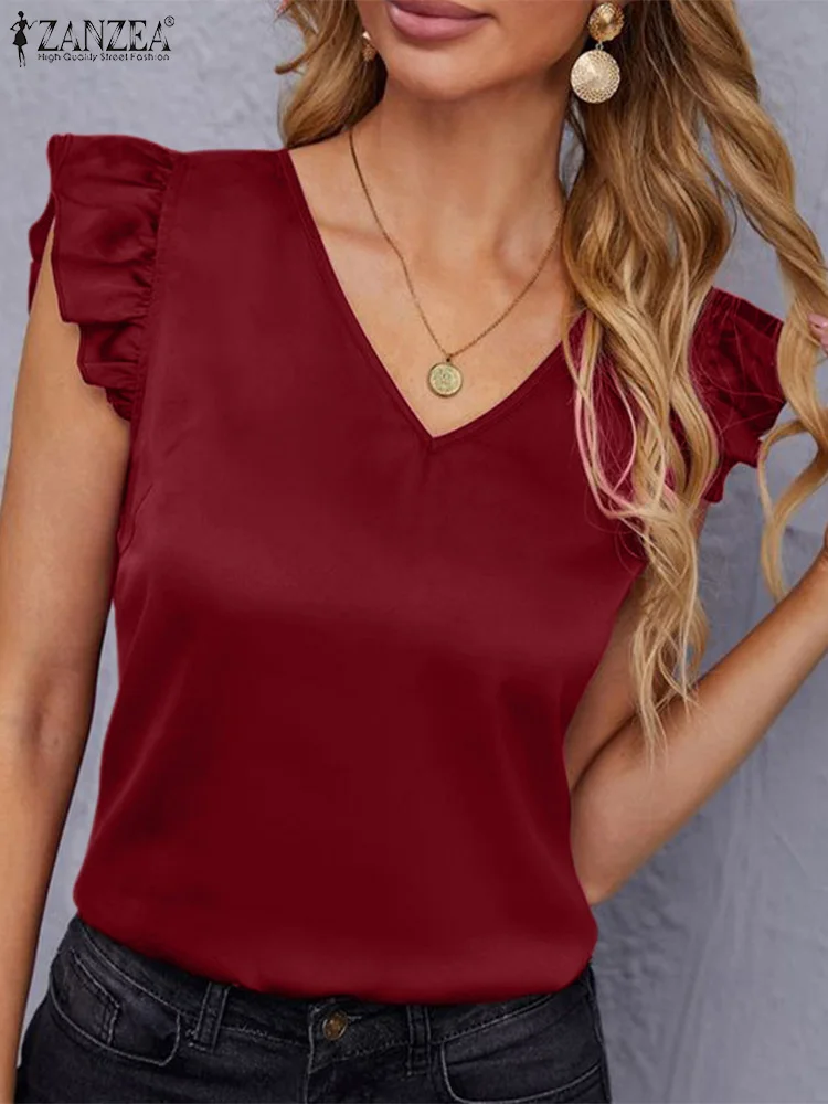 

ZANZEA Fashion Satin Blouse Summer Sleeveless V-Neck Ruffles Blouses Woman Solid Color Tank Tops Elegant Party Office Chemise