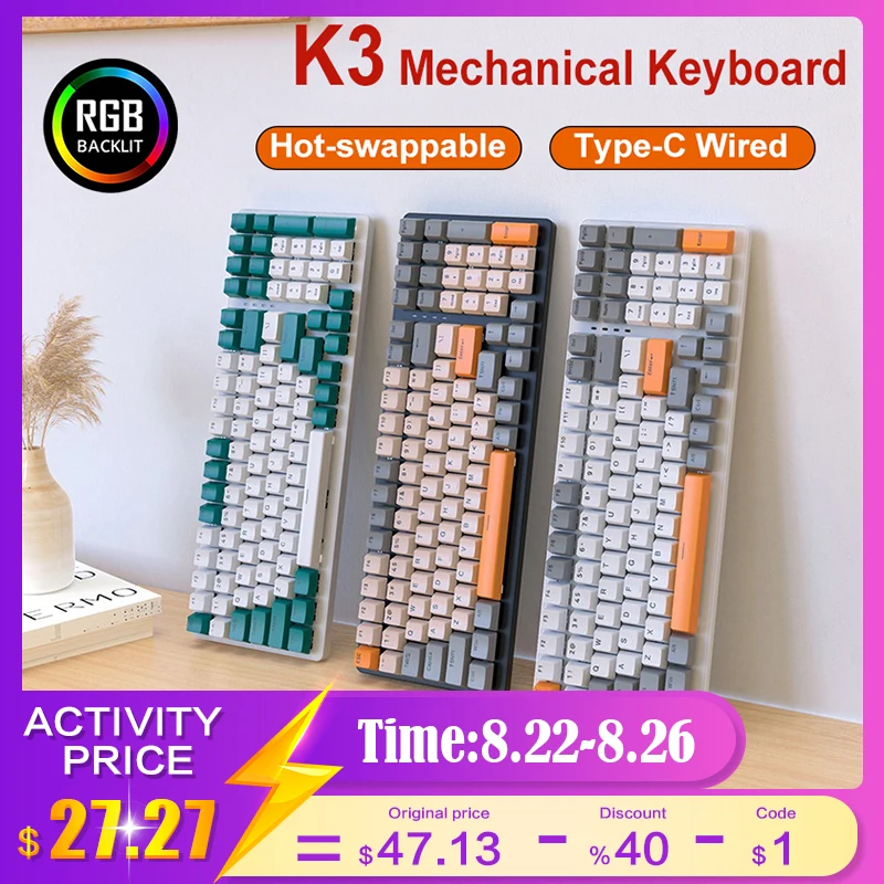 K3 100 Keys RGB Gaming Mechanical Keyboard for Gamer Hot-swap NKRO Type-C Wired Gaming Computer Keyboards Personalized Keycaps