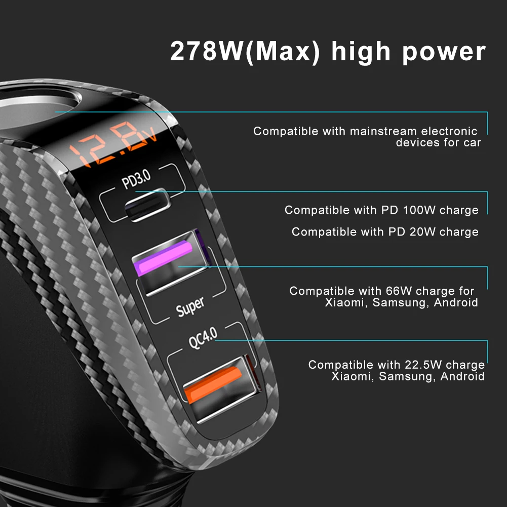 Автомобильное зарядное устройство 100W PD 3.0 быстрой зарядки 12V/24V Type-C 3 USB-адаптер с разветвителем прикуривателя для Huawei Xiaomi iPhone 13 и т.д.