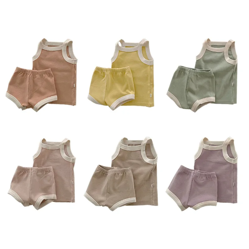 

Детский хлопковый костюм с коротким рукавом, топ на подтяжках для новорожденных + шорты, комплект из двух предметов для мальчиков и девочек, ...