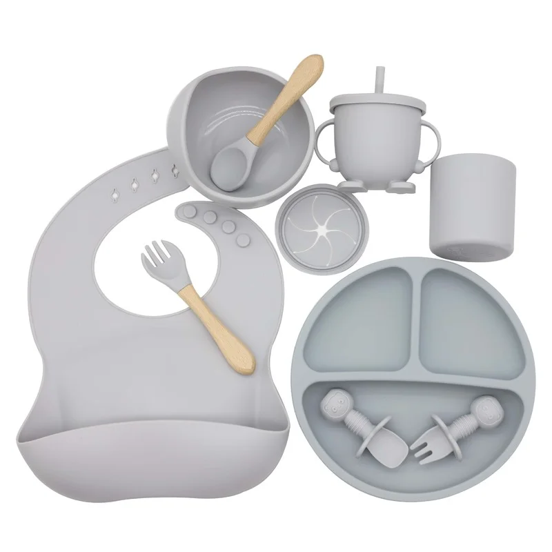 10PCS/Set Baby Silicone Tableware Set Baby Feeding Dishes Non-slip BPA FreeSucker Bowl Plate Cup Bibs Spoon Fork Sets