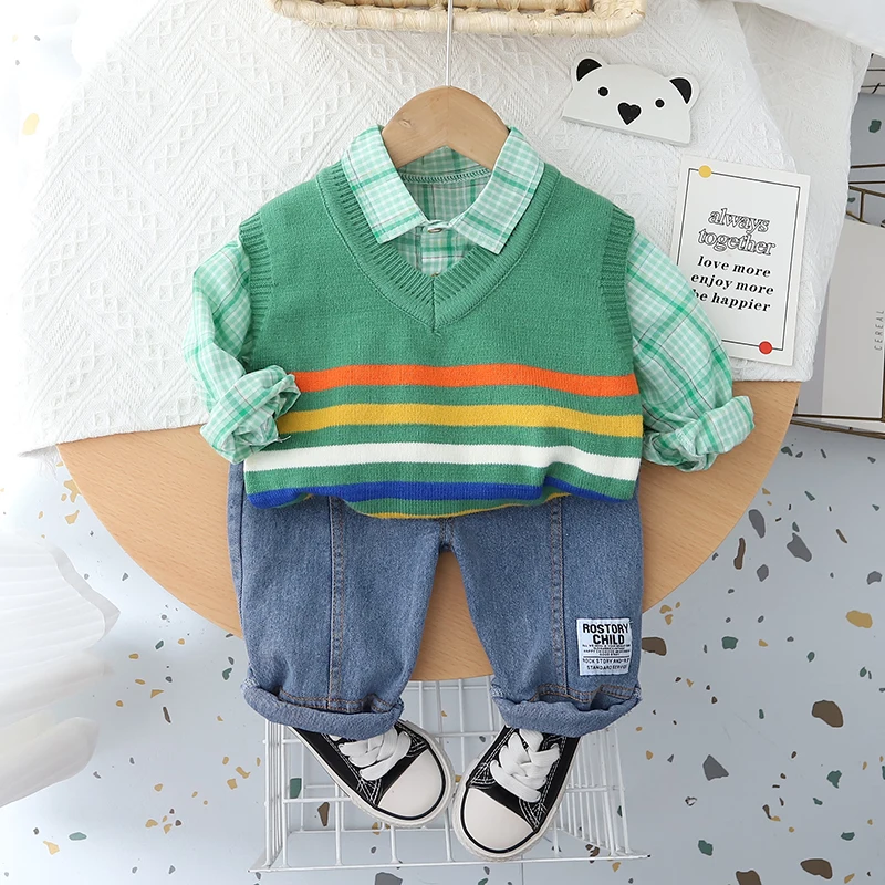 

2022 Autumn Baby Boys Clothing Sets Kids Knitted Vest Plaid Shirt Jeans 3 Pcs Suit Children Sportswear Infant Clothes Outfits