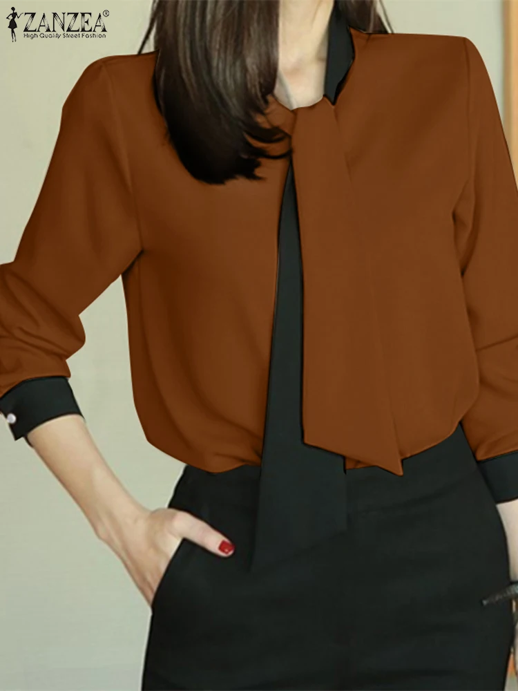 

Модные женские рубашки ZANZEA с круглым вырезом 2023, бандажные топы, Осенние цветные Блузы с длинным рукавом, повседневные свободные блузки на пуговицах