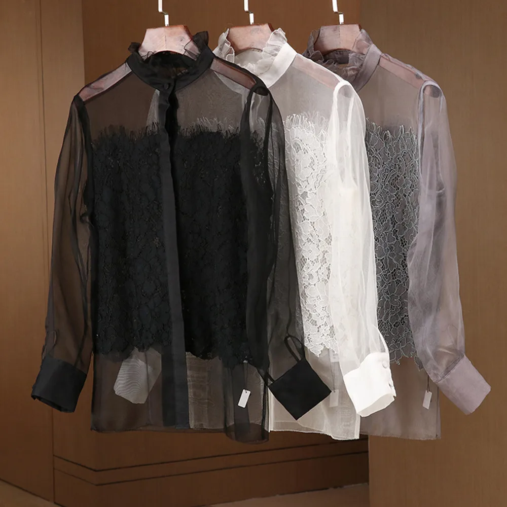 

Spring Autumn Fashion Women's High Quality Lace Patchwork Mesh Silk Shirts Top C061