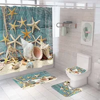 Starfish Bath Curtain Shell Ocean Beach Print Shower Curtains Bath Mat Set Polyester Waterproof Toilet Rugs Anti-slip Carpet