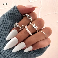 ycd fashion jewelry rings set for women punk rose butterfly pearl finger ring set 2022 new trend gifts