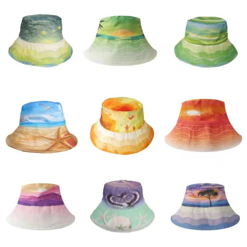 

2023 New Bucket Hats Women Outdoor Summer Sun Protection Travel and Leisure Mountaineering Caps Vantage Art Print Panama Hat