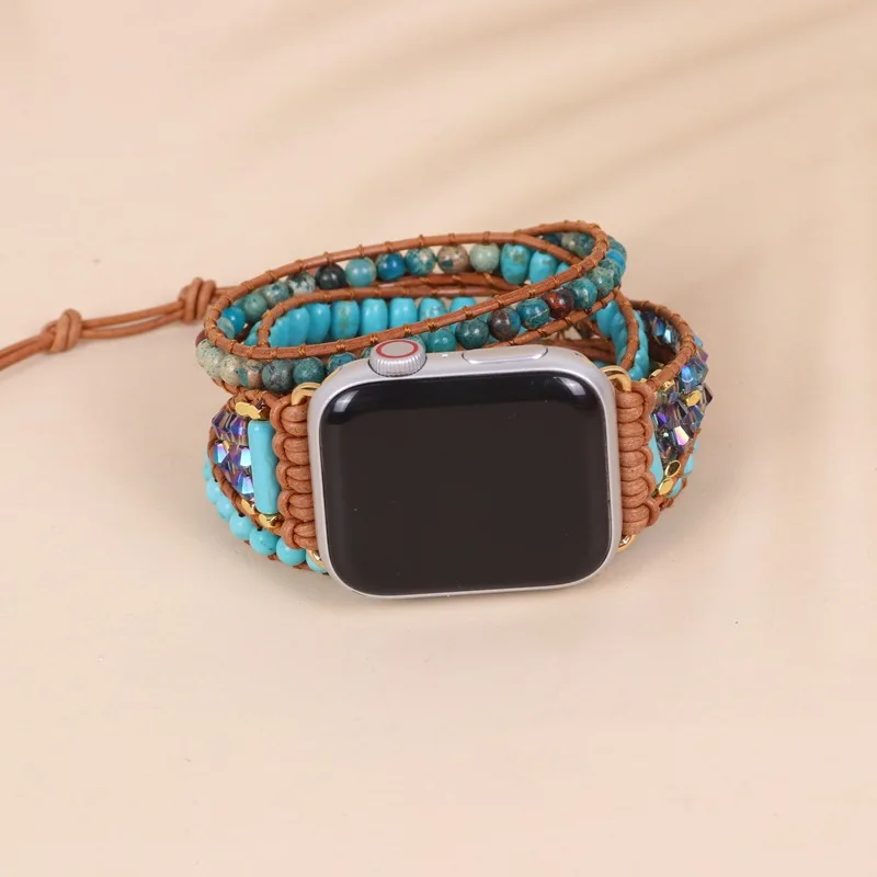 

Natural Stone for Apple Watchbands Strap New Fashion Bohemia Blue Color Beaded Band Smartwatch Woven Bracelet for iWatch Series