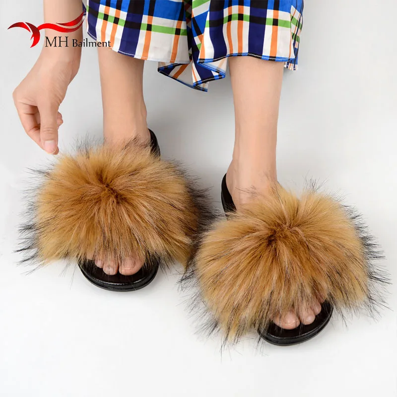 Fashion Summer Faux Fur Slippers Women Furry Slides Home Fluffy Flat House Floor Flip Flops Luxury Sandals Winter Warm Slippers