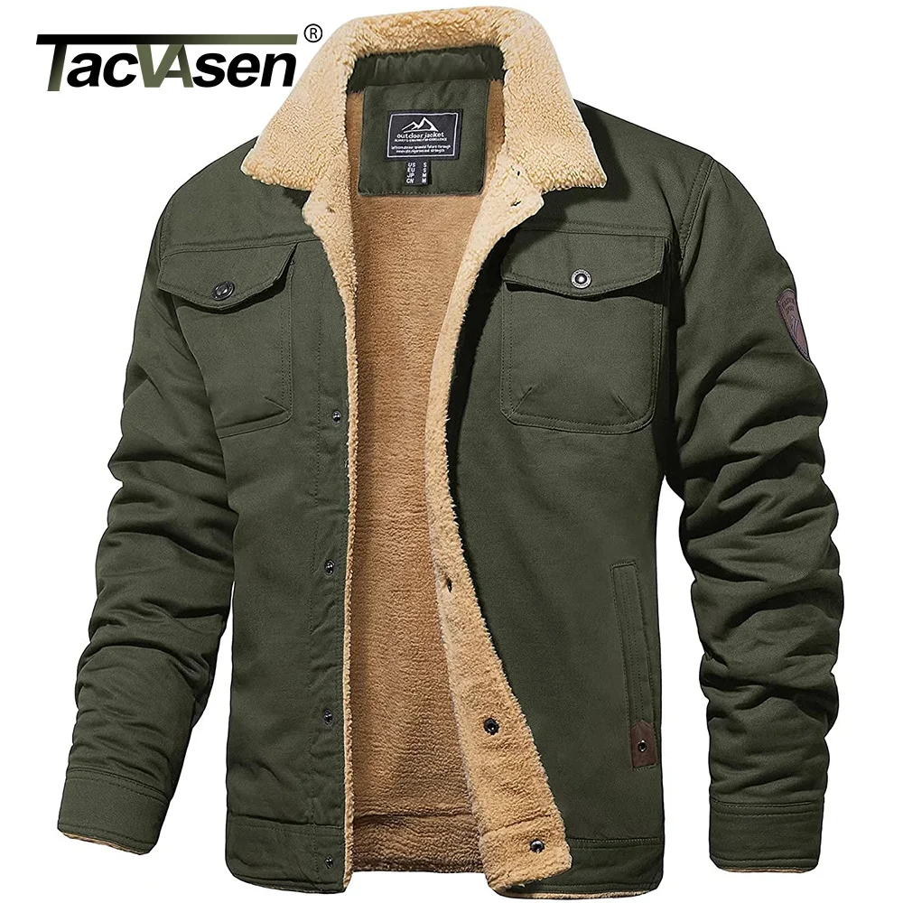 

Turn-down Collar Winter Cotton Jackets Mens Sherpa Fleece Trucker Parka Green Tactical Cargo Coats Clothes Overcoats