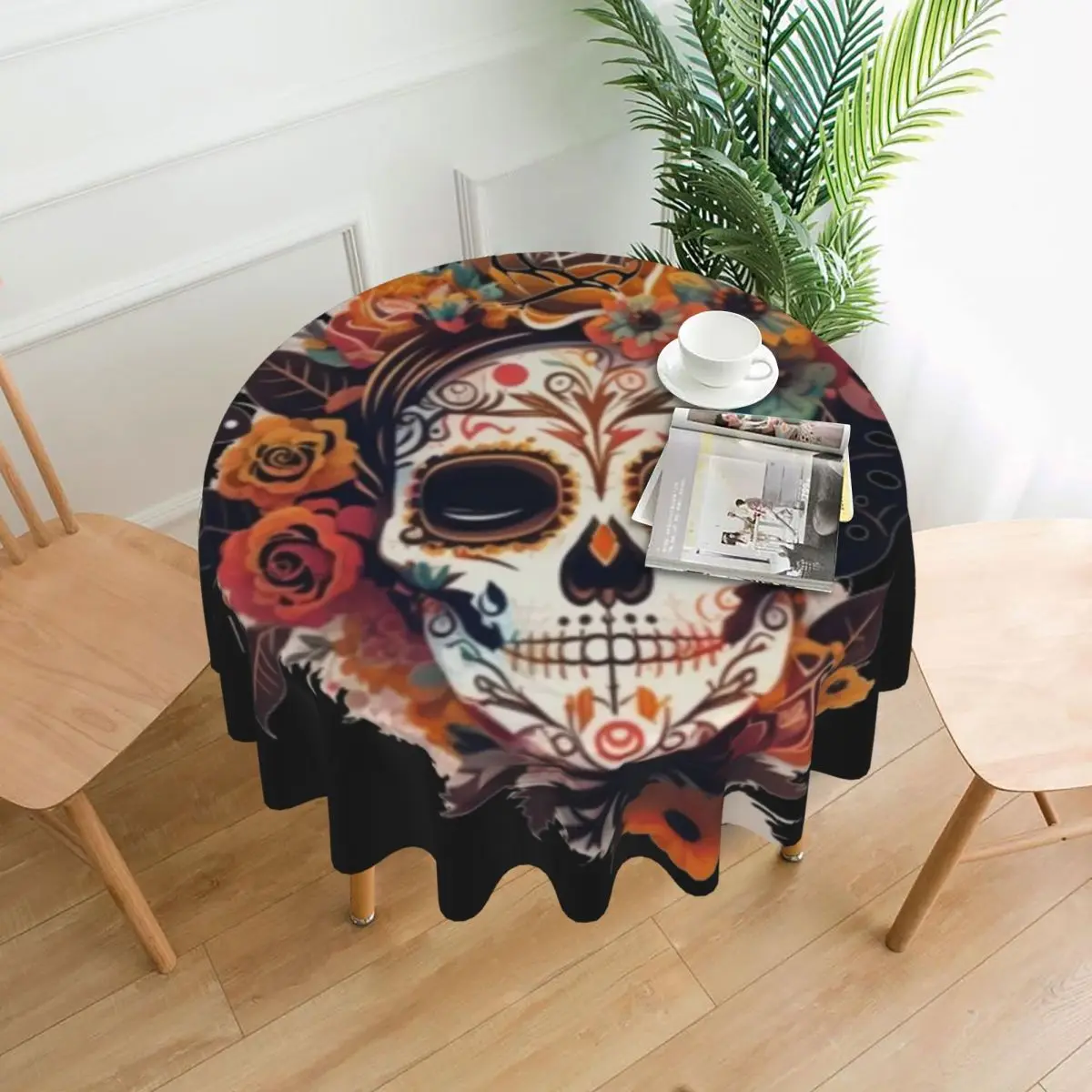 

Мексиканская скатерть с изображением сахарного черепа калаверы, диаметр 60 дюймов, 152 см, устойчивая к морщинам декоративная рамка, отличный подарок